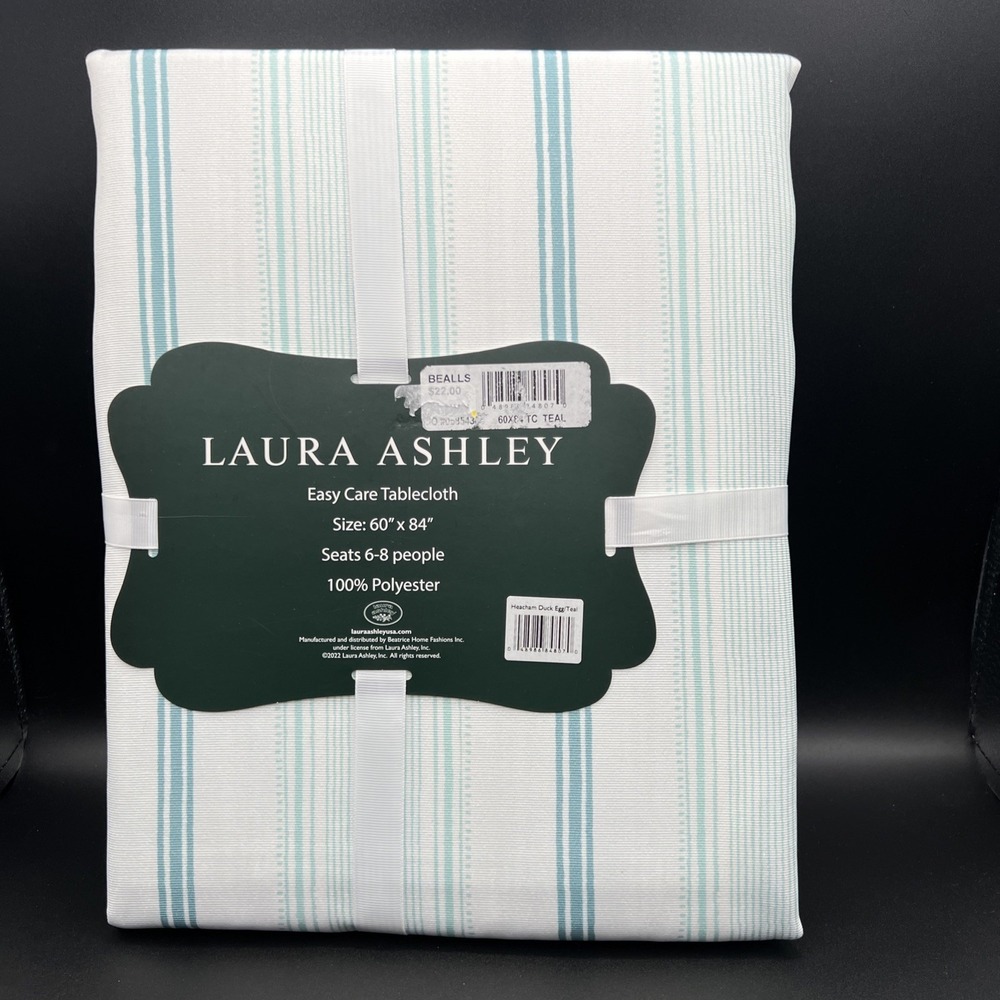 NEW Laura Ashley Easy Care Tablecloth WHITE Teal 60 X 84" Striped Duck Egg‎